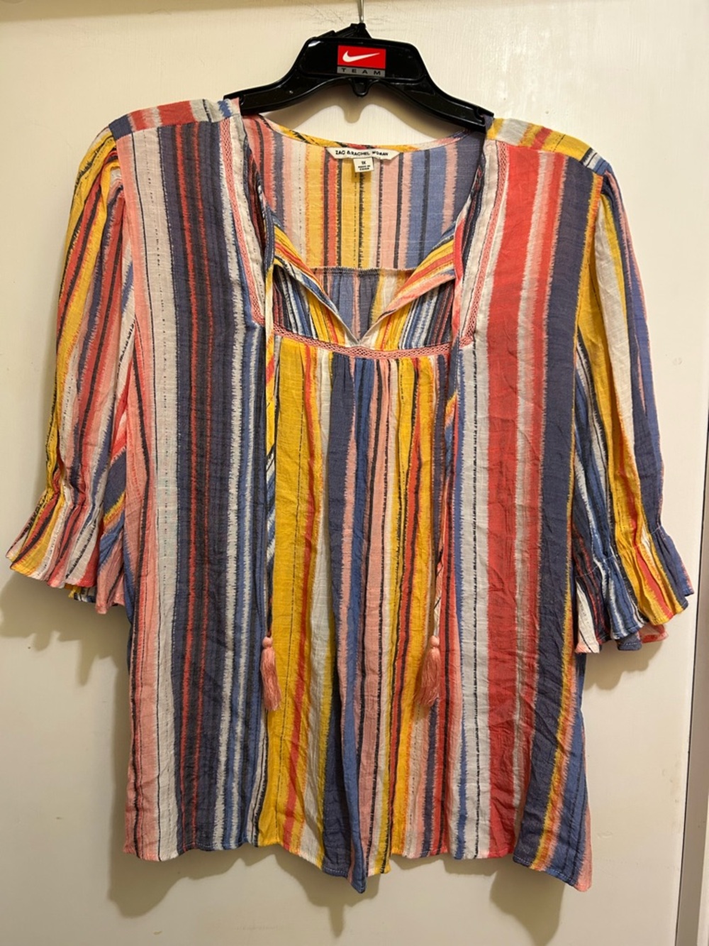 Zac & Rachel Woman Multicolor Striped BOHO Style Tunic Top with Tassel Ties, 1X